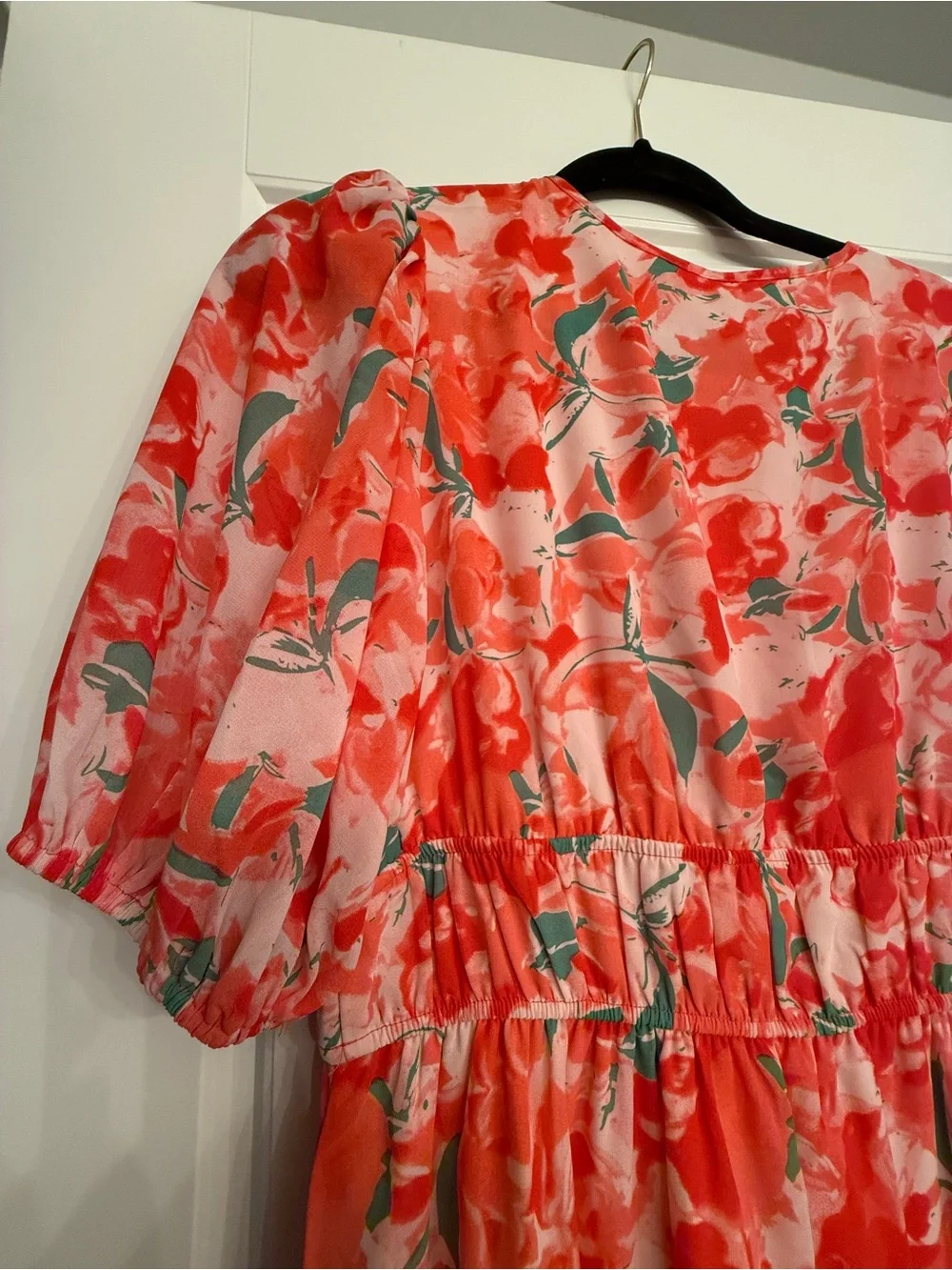 Floral V-Neck Red Maxi Dress w/ Missing Button - Picture 10 of 13